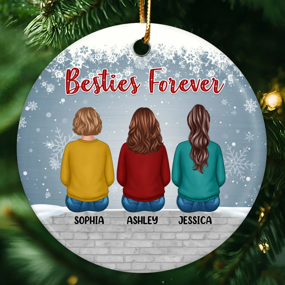 Best Friends Sisters Sitting On Snow Wall Personalized Circle Ornament - Image 4