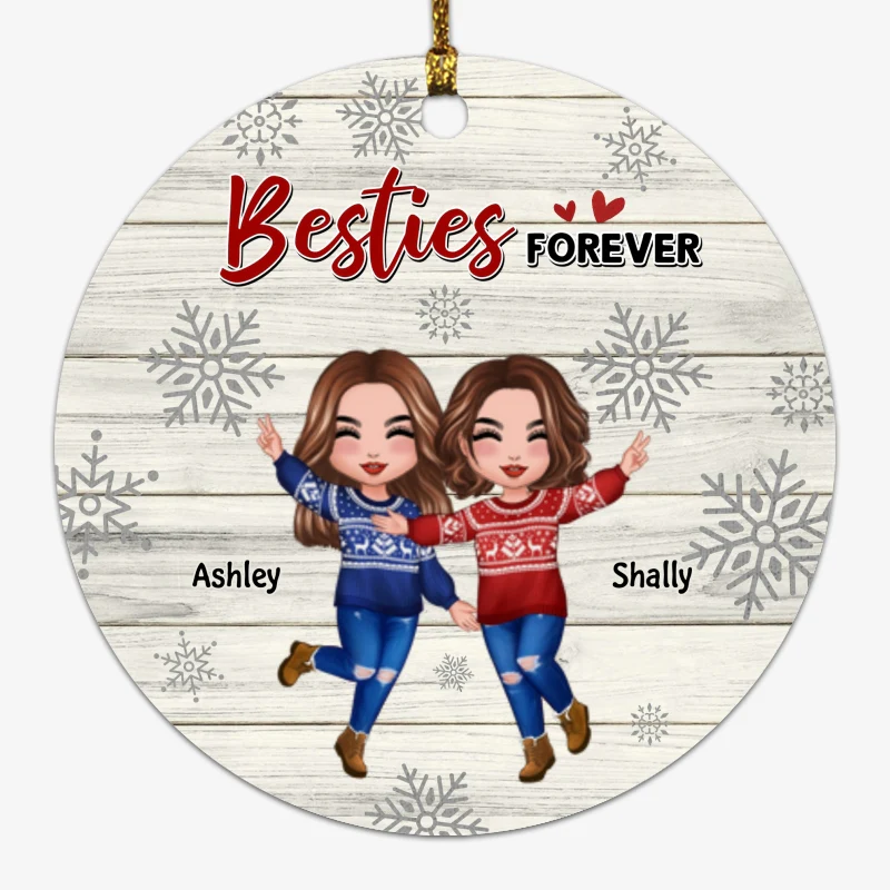 Best Friends Sisters Snowflakes Stripe Personalized Circle Ornament - Image 2