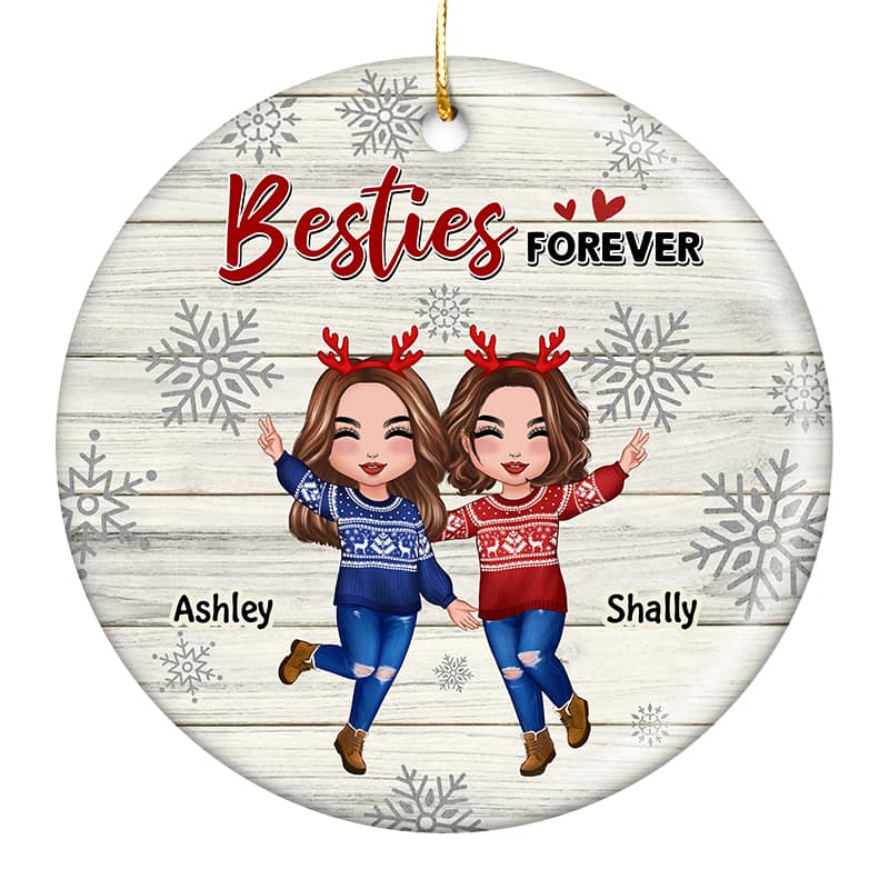 Best Friends Sisters Snowflakes Stripe Personalized Circle Ornament - Image 3