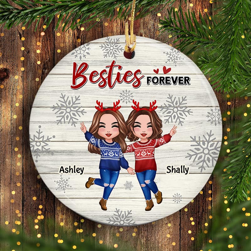 Best Friends Sisters Snowflakes Stripe Personalized Circle Ornament - Image 4