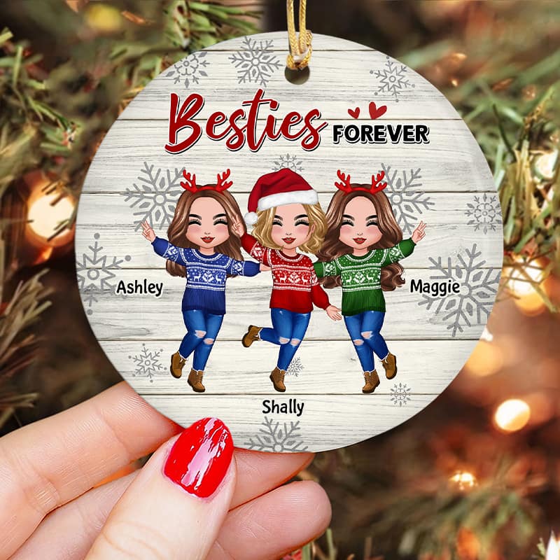 Best Friends Sisters Snowflakes Stripe Personalized Circle Ornament - Image 5