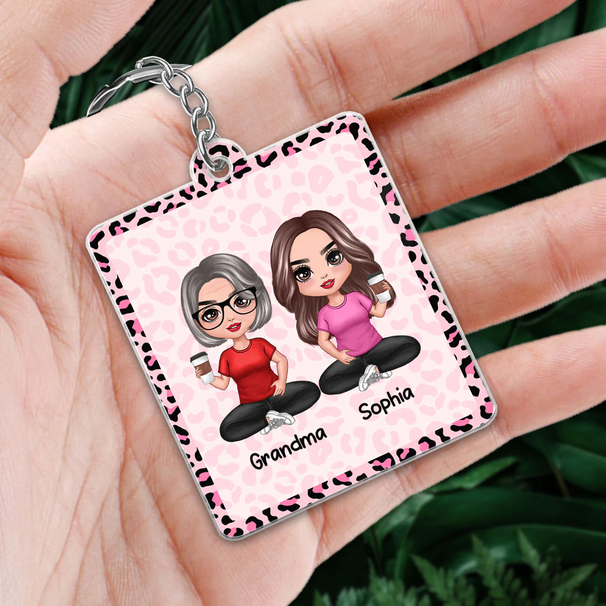 Best Grandma Ever Doll Sitting Grandma Grandkid Calendar Date Pink Leopard Pattern Personalized Acrylic Keychain - Image 2