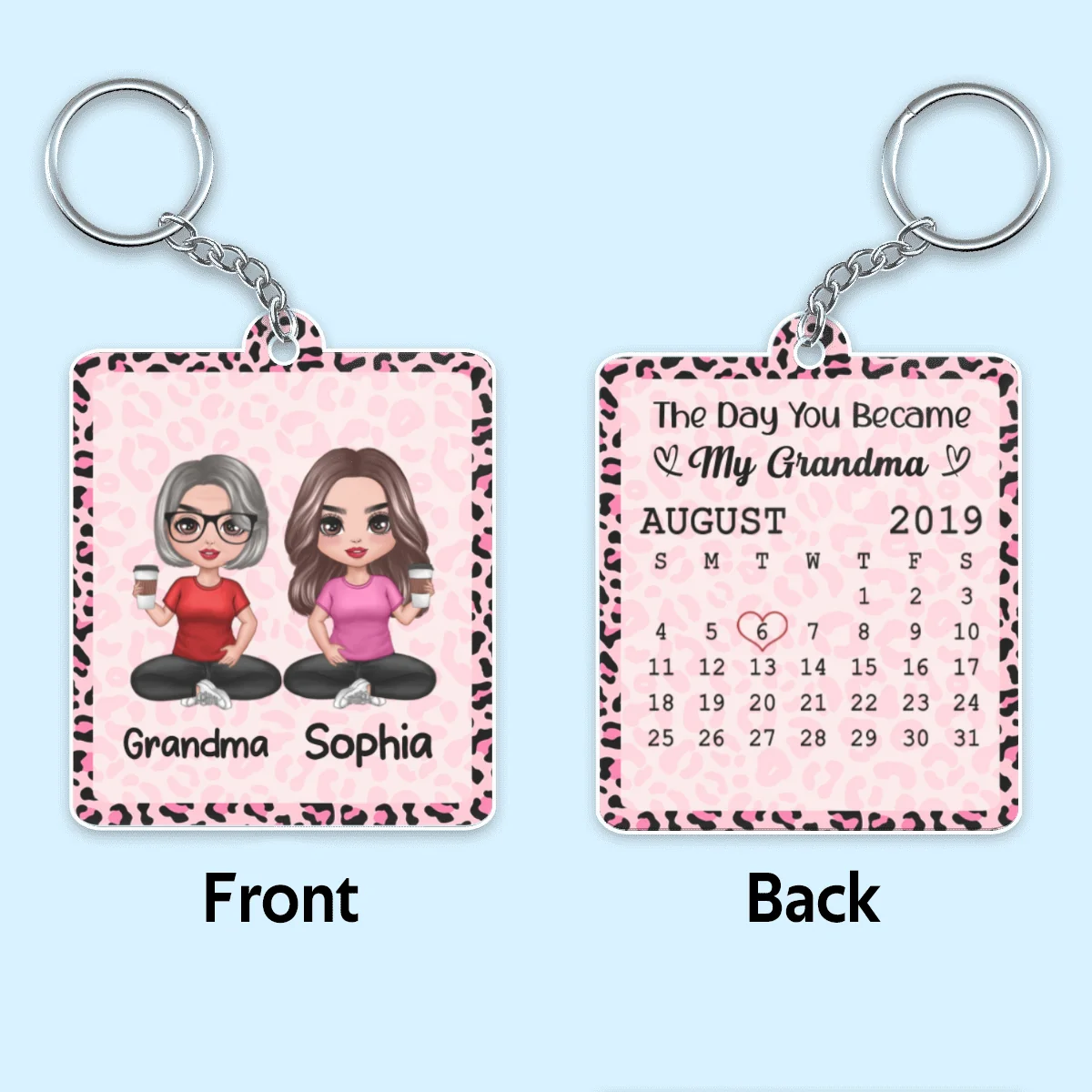 Best Grandma Ever Doll Sitting Grandma Grandkid Calendar Date Pink Leopard Pattern Personalized Acrylic Keychain - Image 4