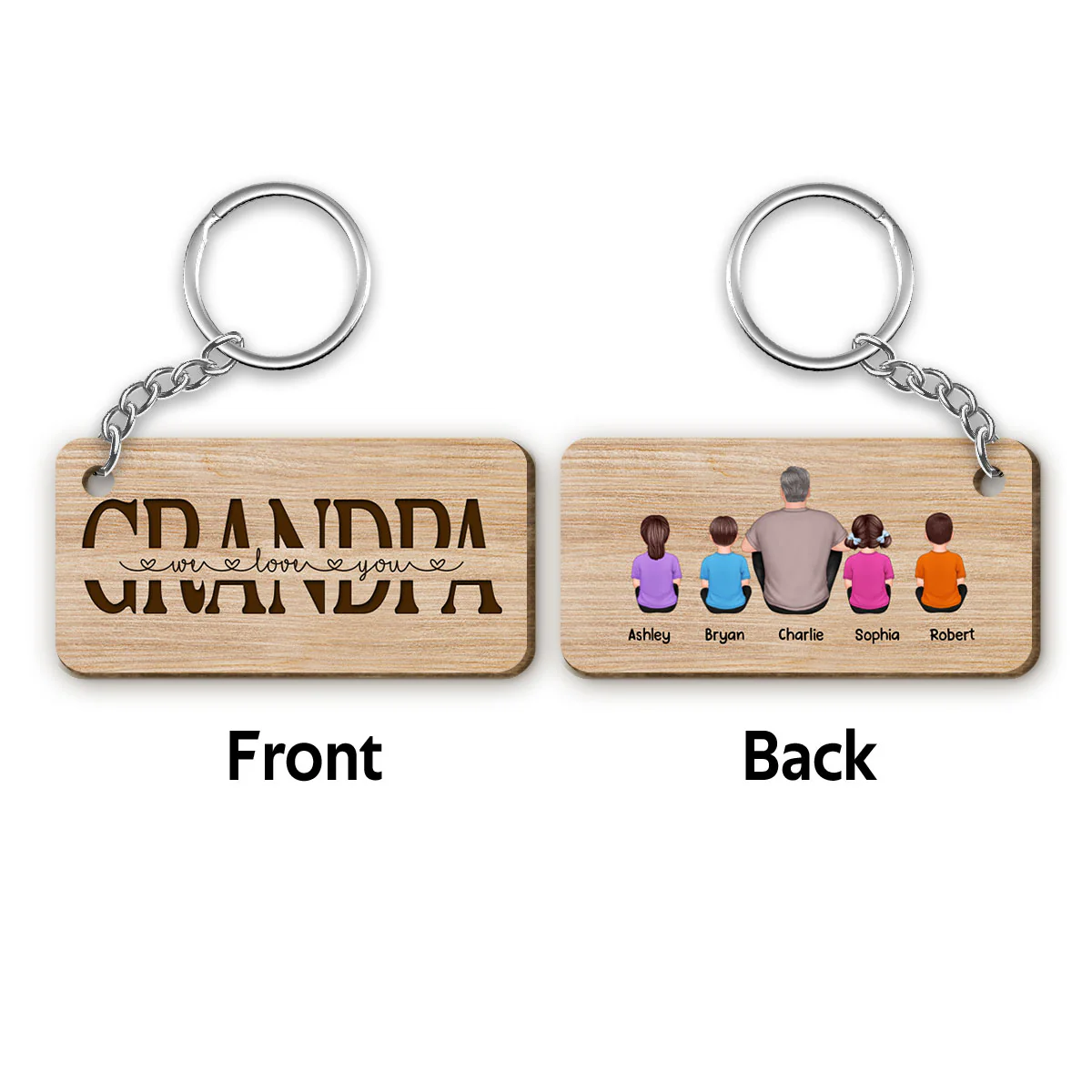Best Grandpa Ever Back View Man Kids Dog Cat Personalized Wooden Keychain