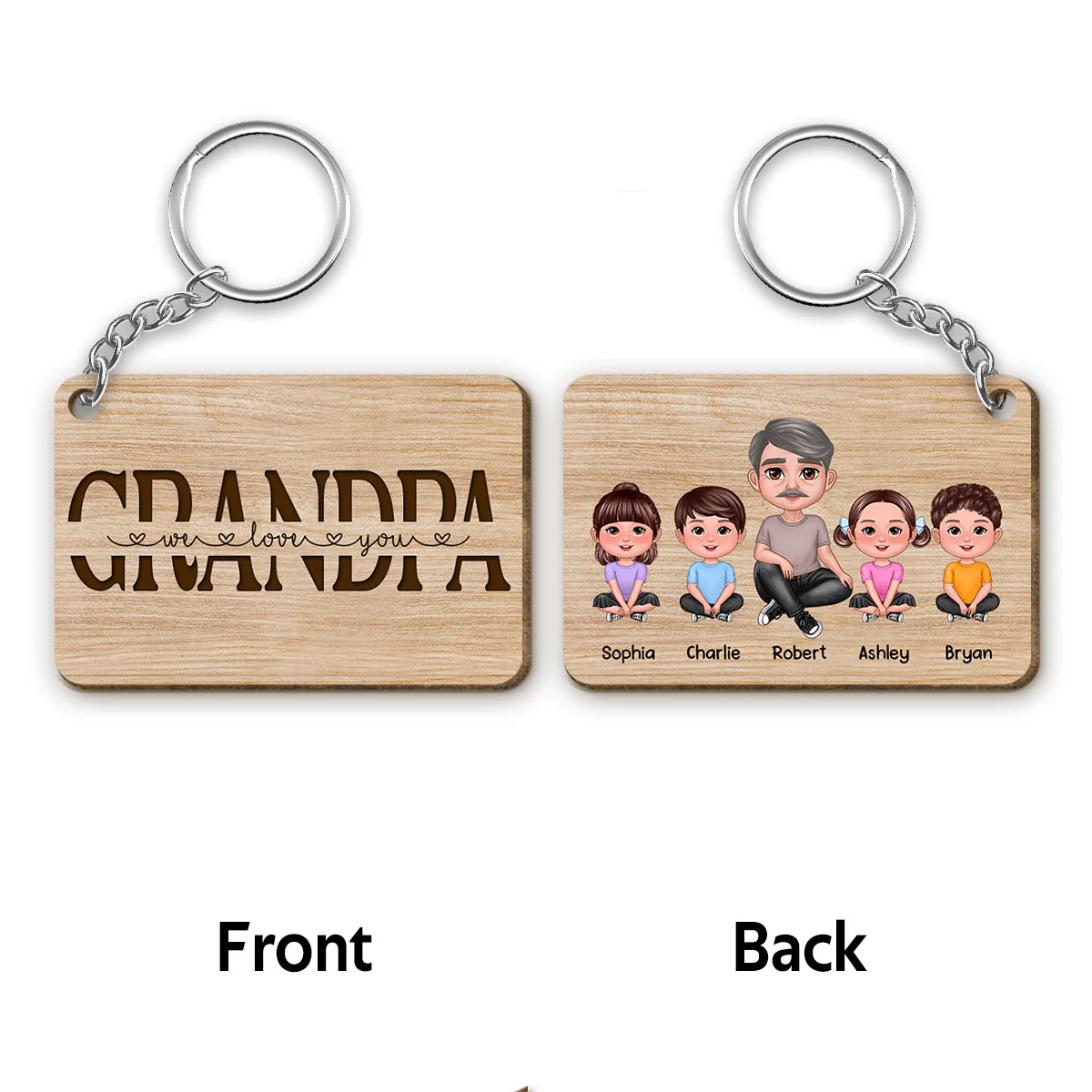 Best Grandpa Ever Doll Sitting Man & Kids Dog Cat Personalized Wooden Keychain