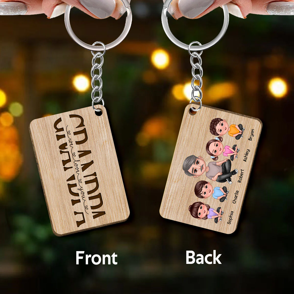 Best Grandpa Ever Doll Sitting Man & Kids Dog Cat Personalized Wooden Keychain - Image 3