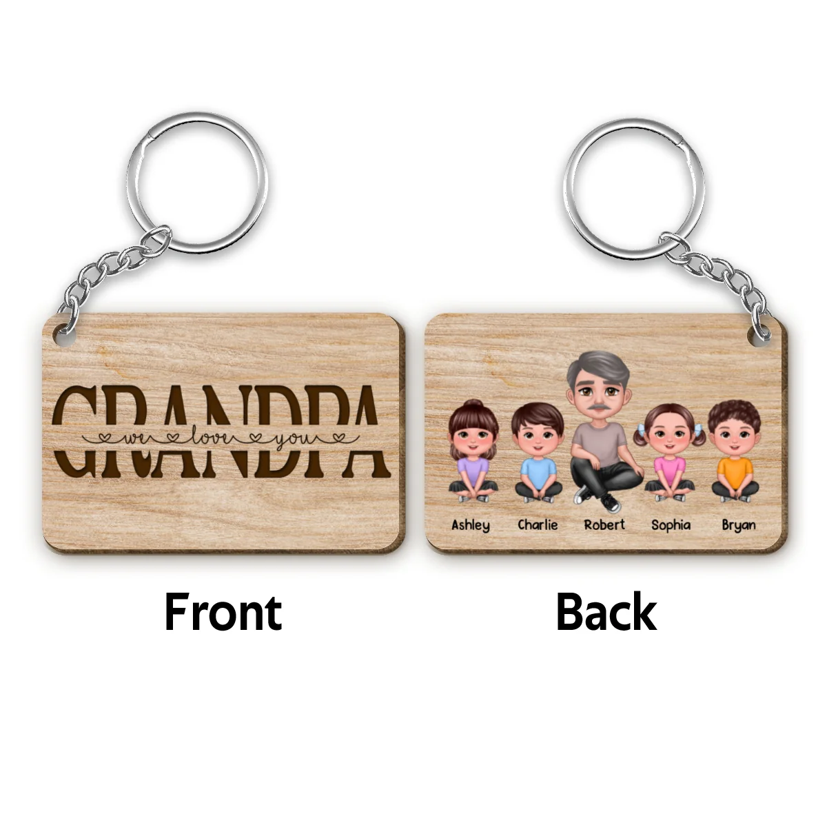 Best Grandpa Ever Doll Sitting Man & Kids Dog Cat Personalized Wooden Keychain - Image 4