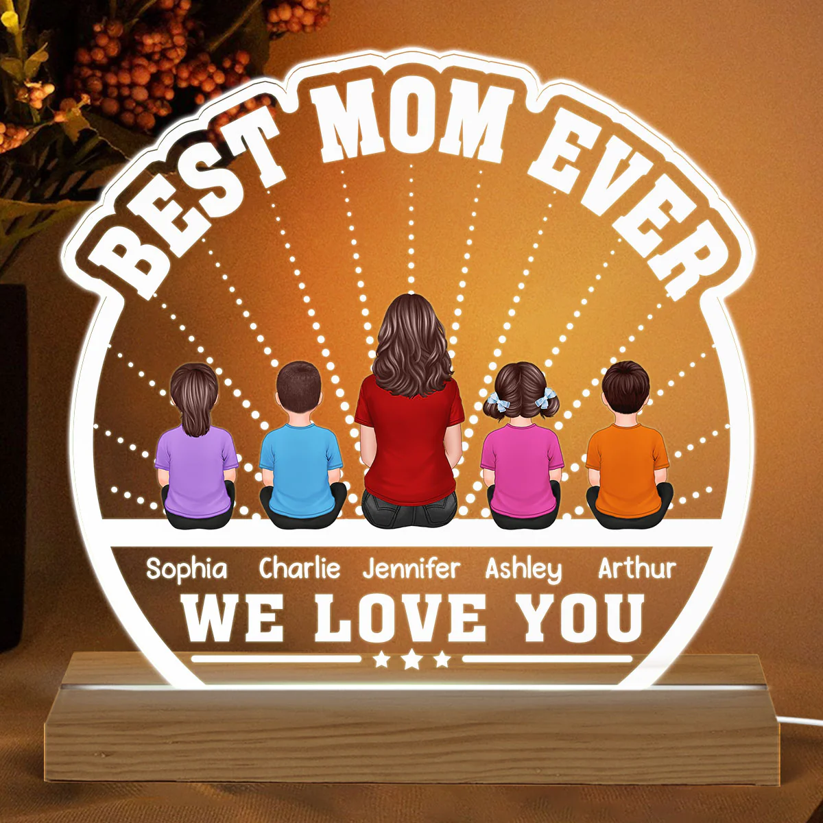 Best Mom Ever Back View Man Kids Dog Cat Personalized Custom Shaped Acrylic Plaque With LED Night Light - Image 2