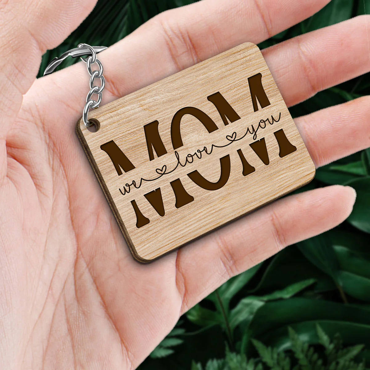 Best Mom Ever Back View Walking Woman & Kids Personalized Wooden Keychain - Image 2