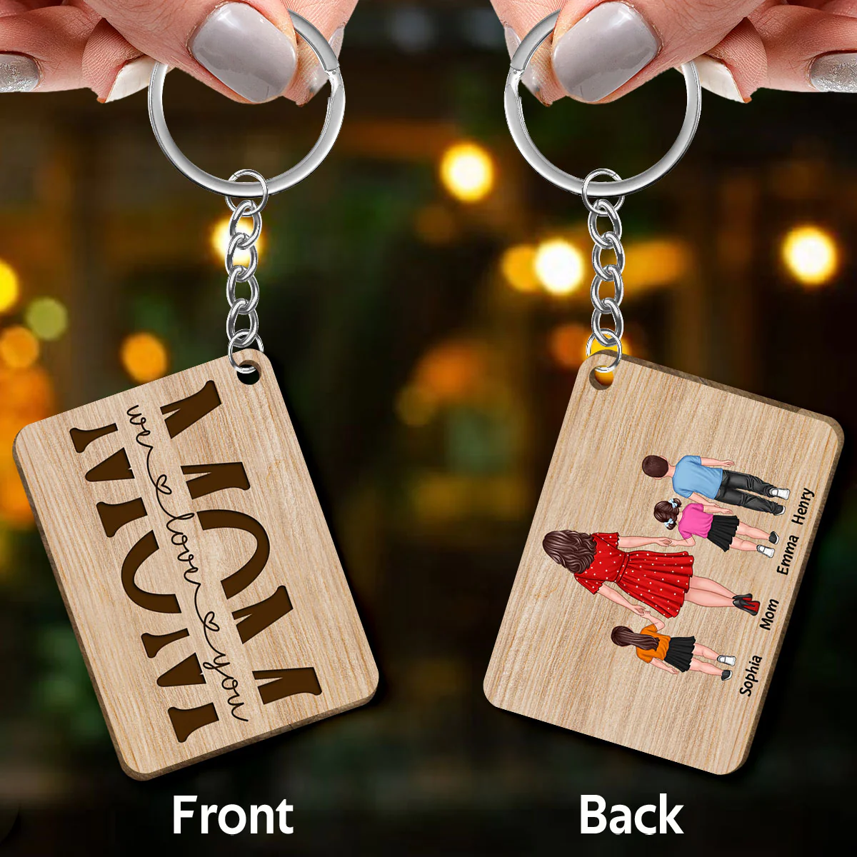 Best Mom Ever Back View Walking Woman & Kids Personalized Wooden Keychain - Image 3