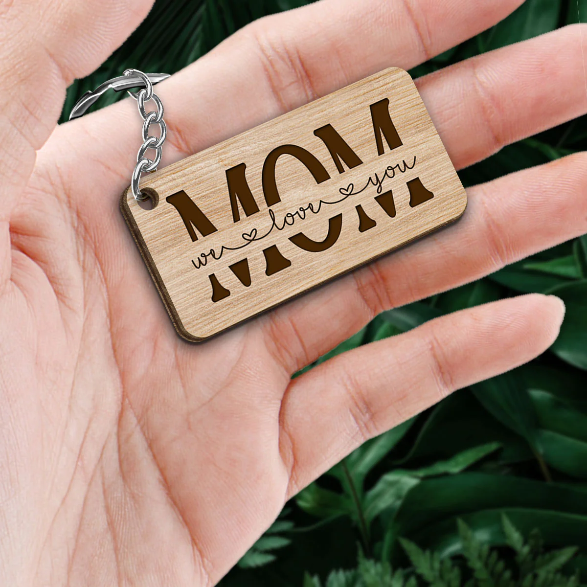 Best Mom Ever Back View Woman Kids Dog Cat - Personalized Wooden Keychain - Image 2