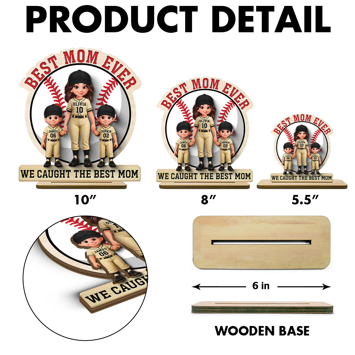 Best Mom Ever Baseball Mom & Kids - Personalized 2-Layered Wooden Plaque - Mother's Day Gift For Mom - Image 9