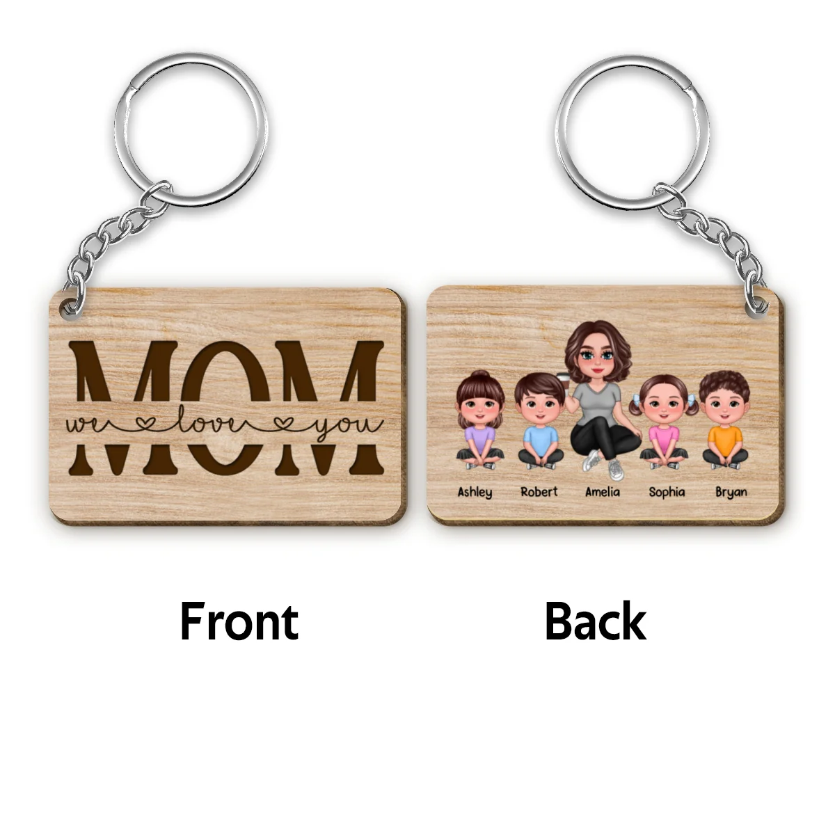 Best Mom Ever Doll Sitting Woman & Kids Dog Cat Personalized Wooden Keychain - Image 4