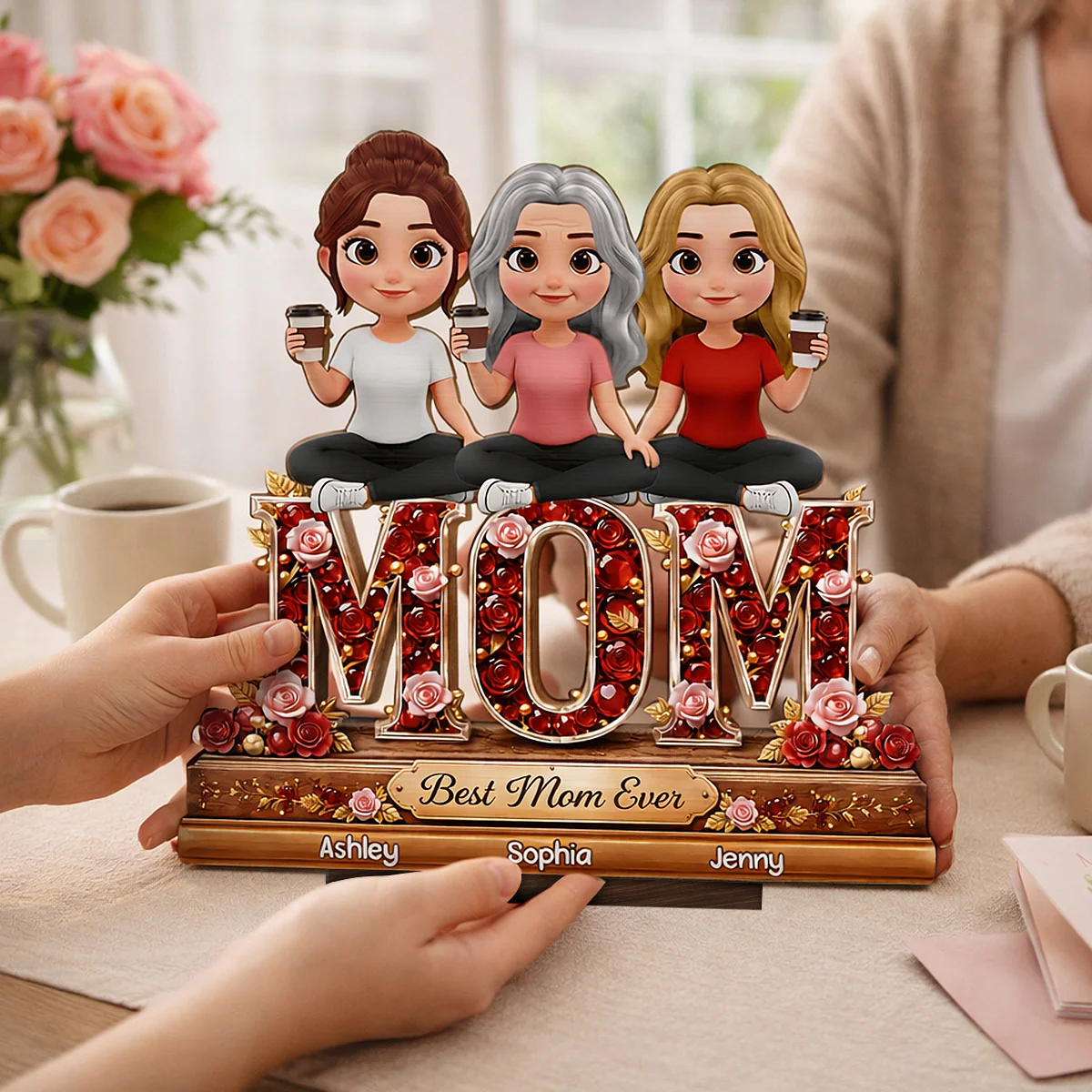 Best Mom Ever Mom And Daughters - Personalized 2-Layered Wooden Plaque - Heartfelt Gift For Mom, Grandma - Image 2