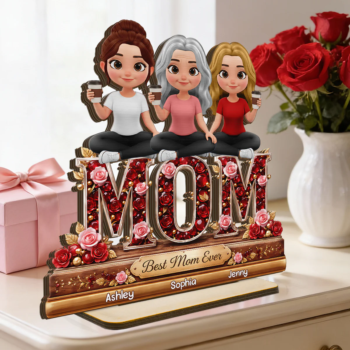 Best Mom Ever Mom And Daughters - Personalized 2-Layered Wooden Plaque - Heartfelt Gift For Mom, Grandma - Image 4