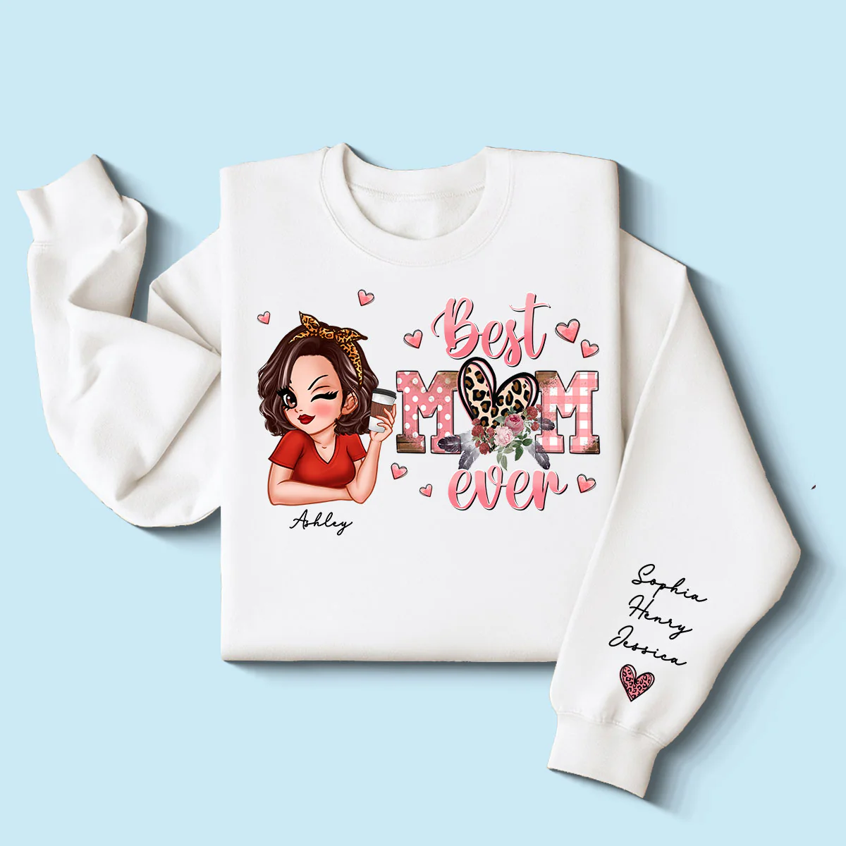 Best Mom Ever Pink Leopard Pretty Woman Personalized Sleeve Printed Sweatshirt