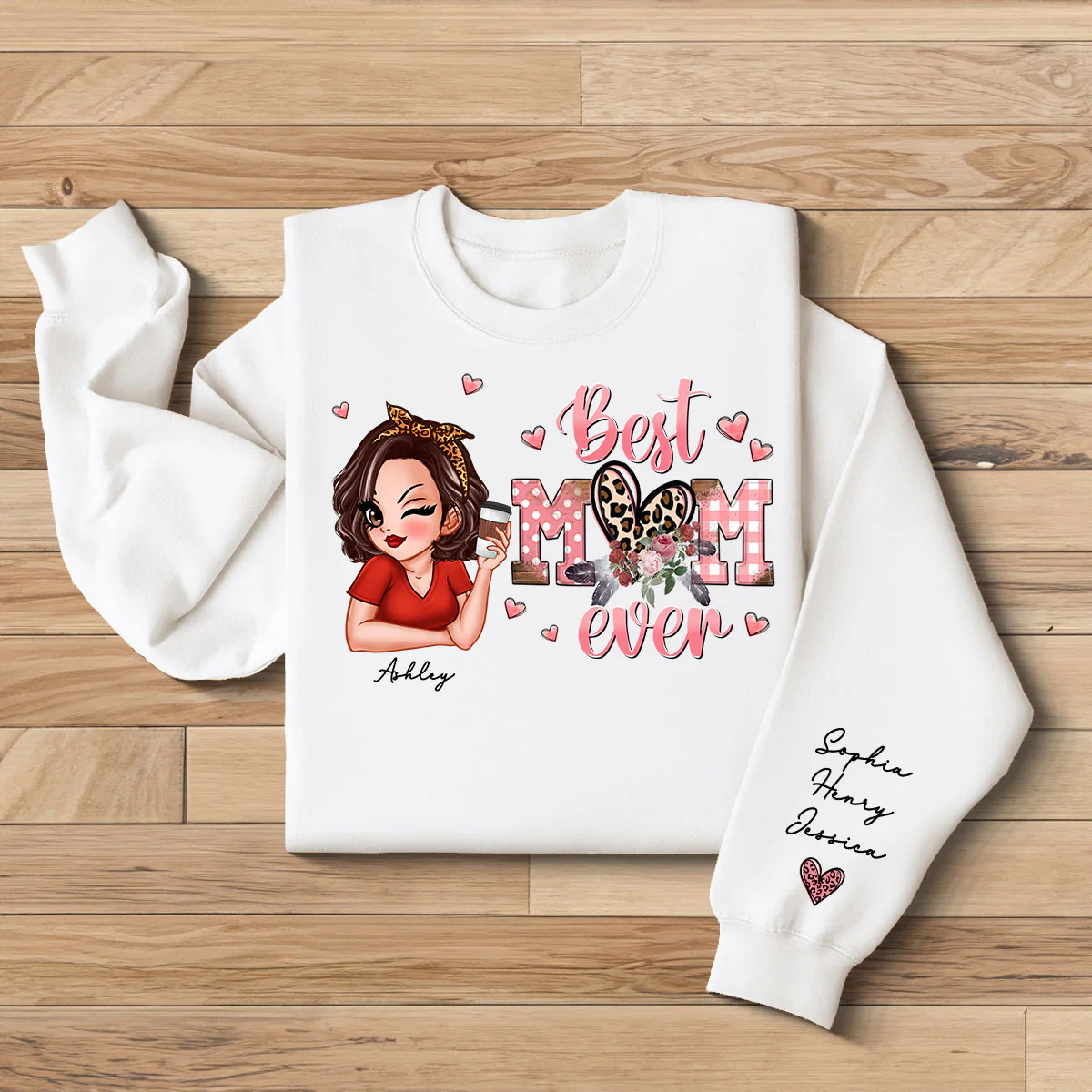 Best Mom Ever Pink Leopard Pretty Woman Personalized Sleeve Printed Sweatshirt - Image 2
