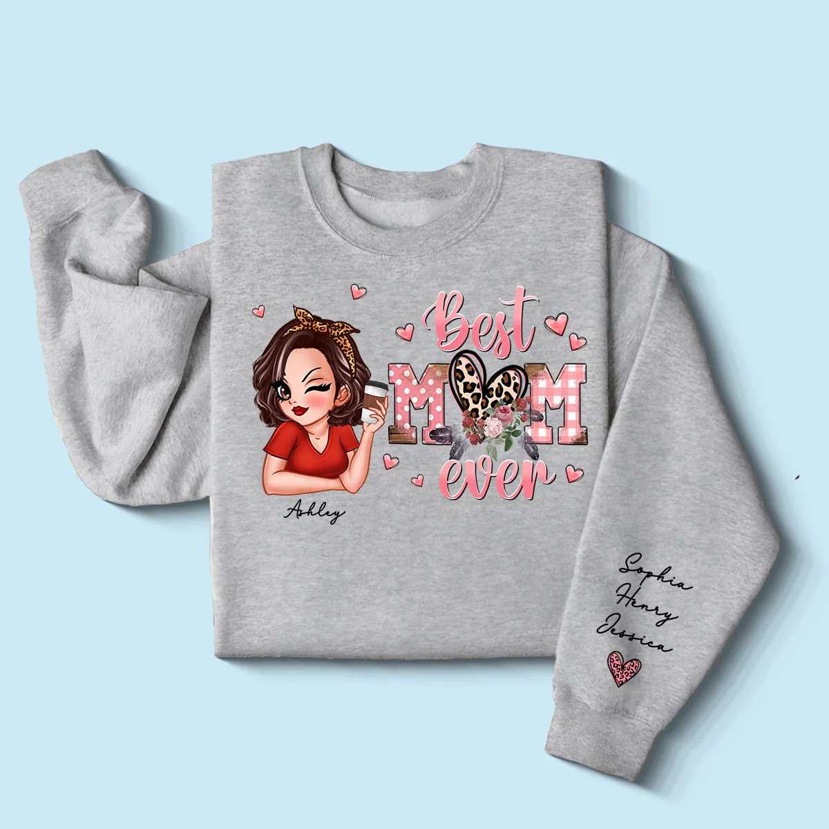 Best Mom Ever Pink Leopard Pretty Woman Personalized Sleeve Printed Sweatshirt - Image 3
