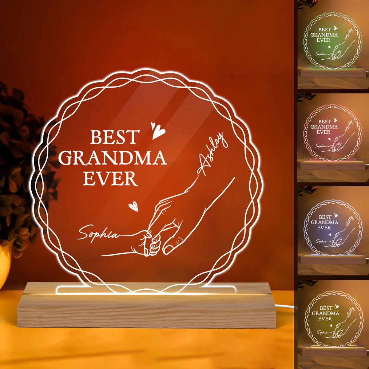 Best Mom Grandma Ever Hands Outline Personalized Custom Shape Acrylic Plaque With LED Night Light