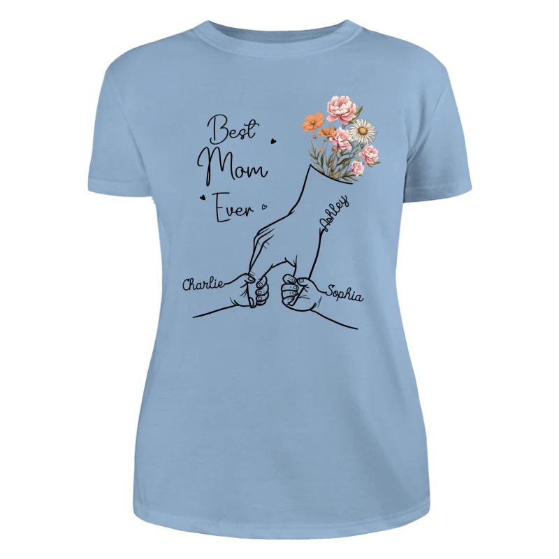 Best Mom Grandma Ever Outline Kids Holding Hand Birth Flowers Personalized Shirt - Image 11