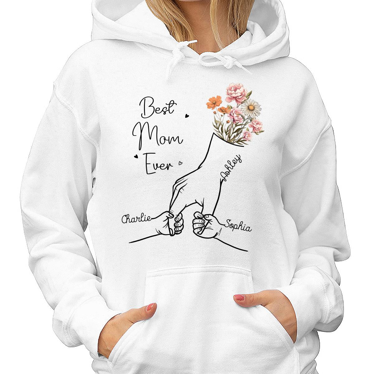 Best Mom Grandma Ever Outline Kids Holding Hand Birth Flowers Personalized Shirt - Image 4