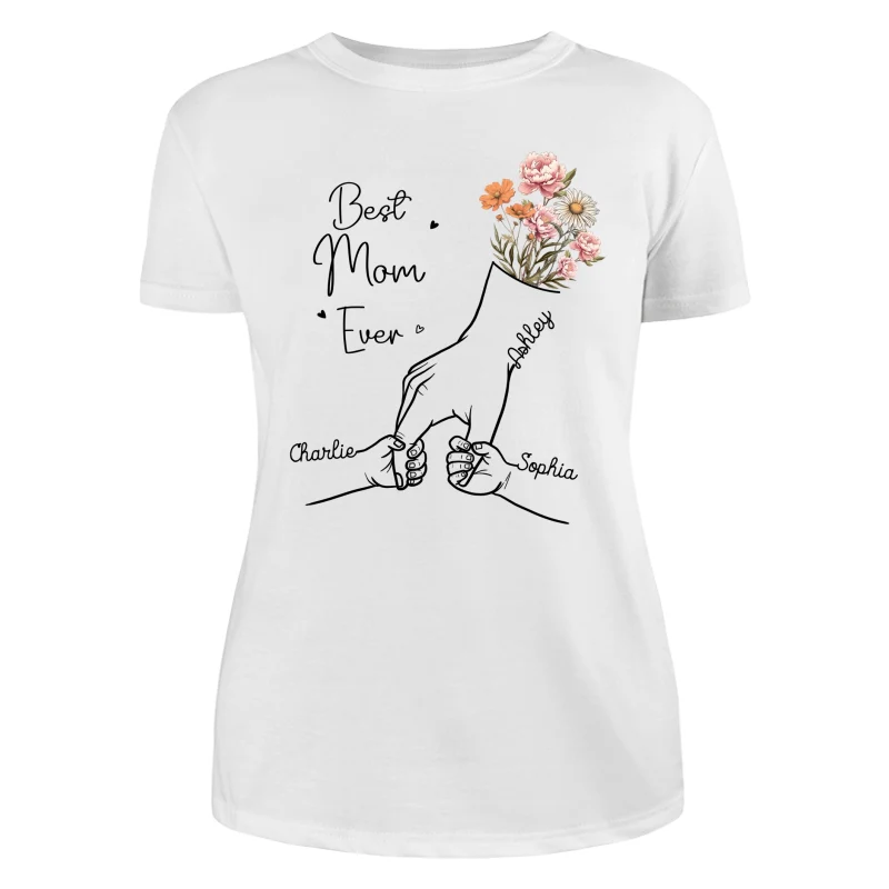 Best Mom Grandma Ever Outline Kids Holding Hand Birth Flowers Personalized Shirt - Image 9
