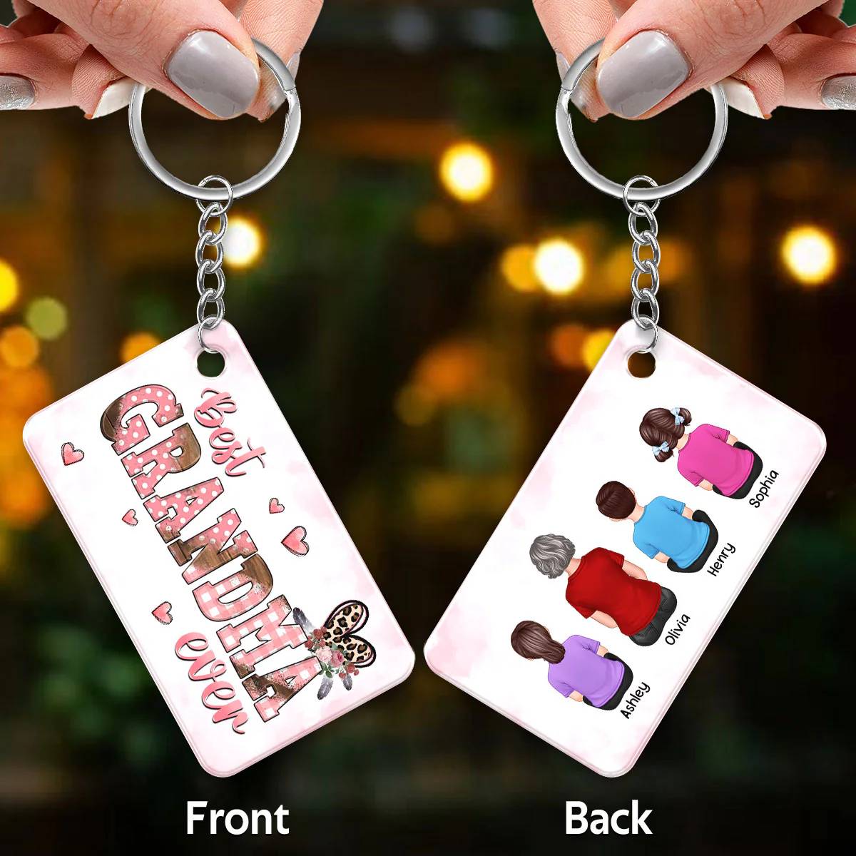 Best Mom Grandma Ever Pink Leopard Back View Woman & Kids Personalized Acrylic Keychain - Image 3