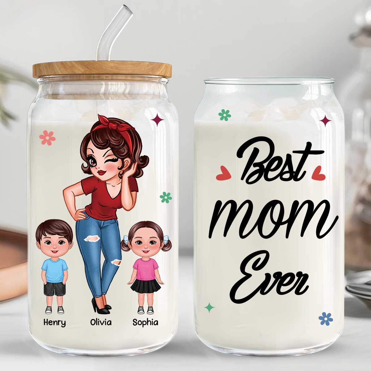 Best Mom Grandma Ever Pretty Woman & Kids Personalized Clear Glass Can