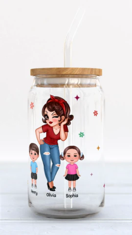 Best Mom Grandma Ever Pretty Woman & Kids Personalized Clear Glass Can - Image 2