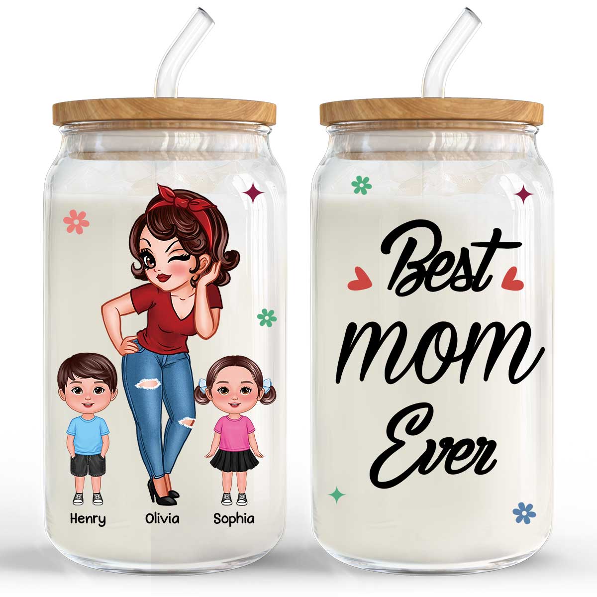 Best Mom Grandma Ever Pretty Woman & Kids Personalized Clear Glass Can - Image 3
