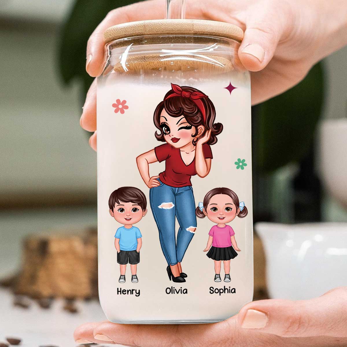Best Mom Grandma Ever Pretty Woman & Kids Personalized Clear Glass Can - Image 4