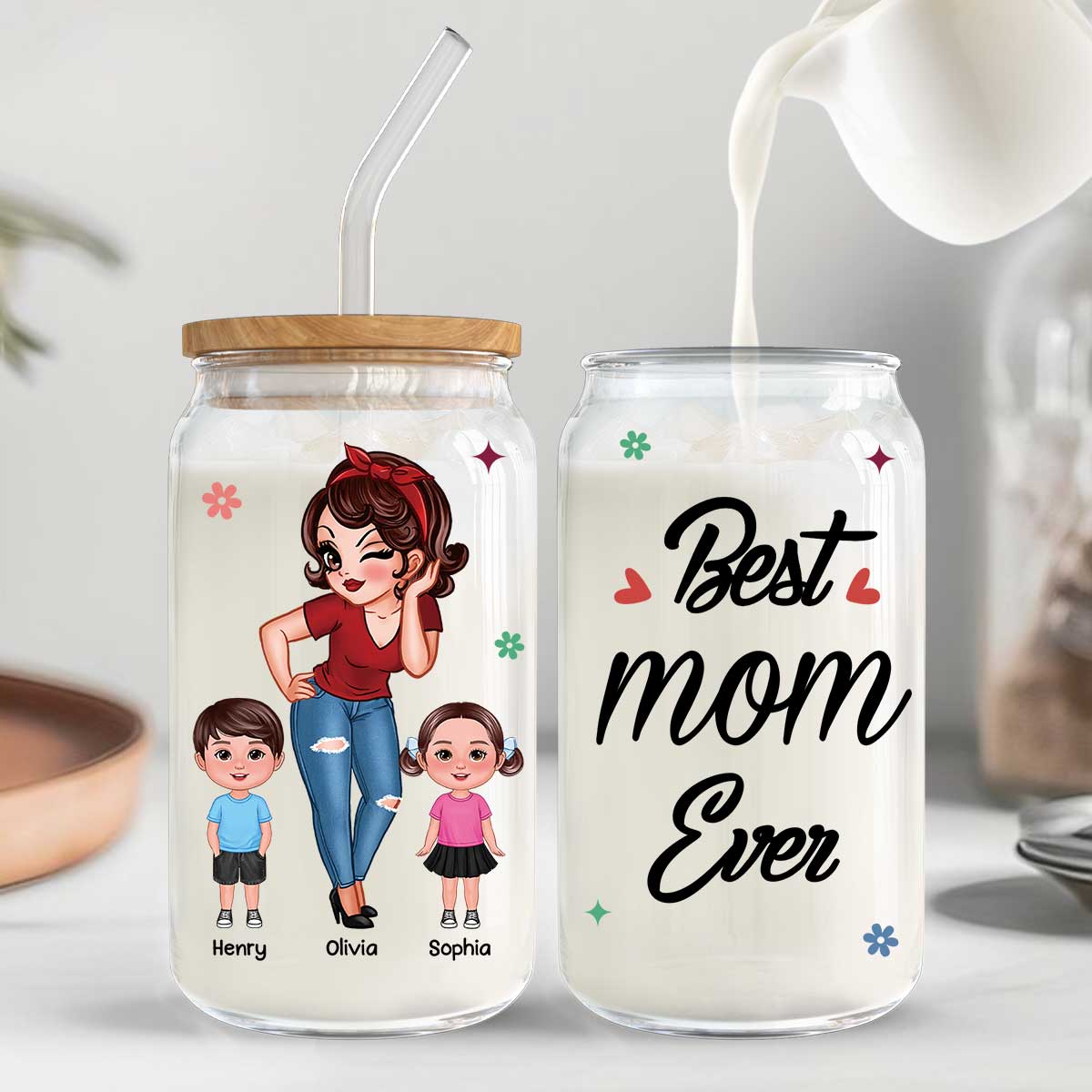 Best Mom Grandma Ever Pretty Woman & Kids Personalized Clear Glass Can - Image 5