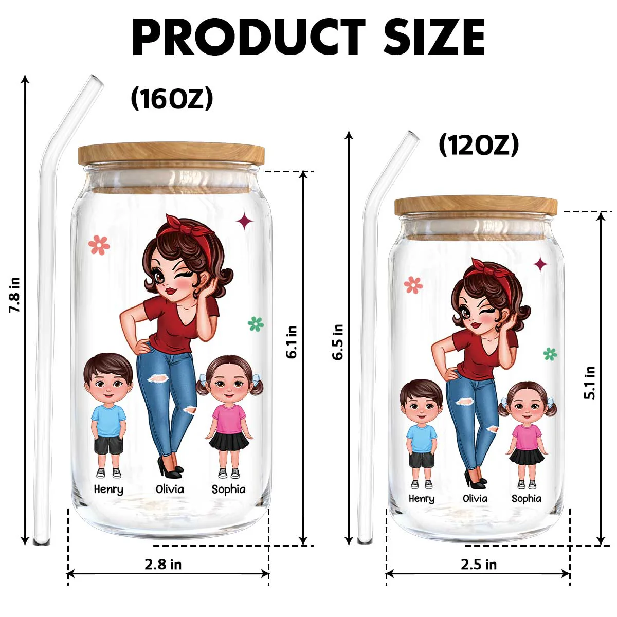 Best Mom Grandma Ever Pretty Woman & Kids Personalized Clear Glass Can - Image 6