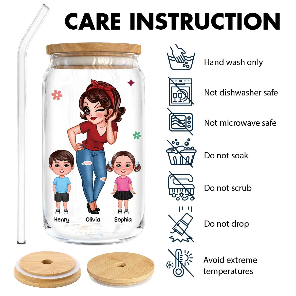 Best Mom Grandma Ever Pretty Woman & Kids Personalized Clear Glass Can - Image 7
