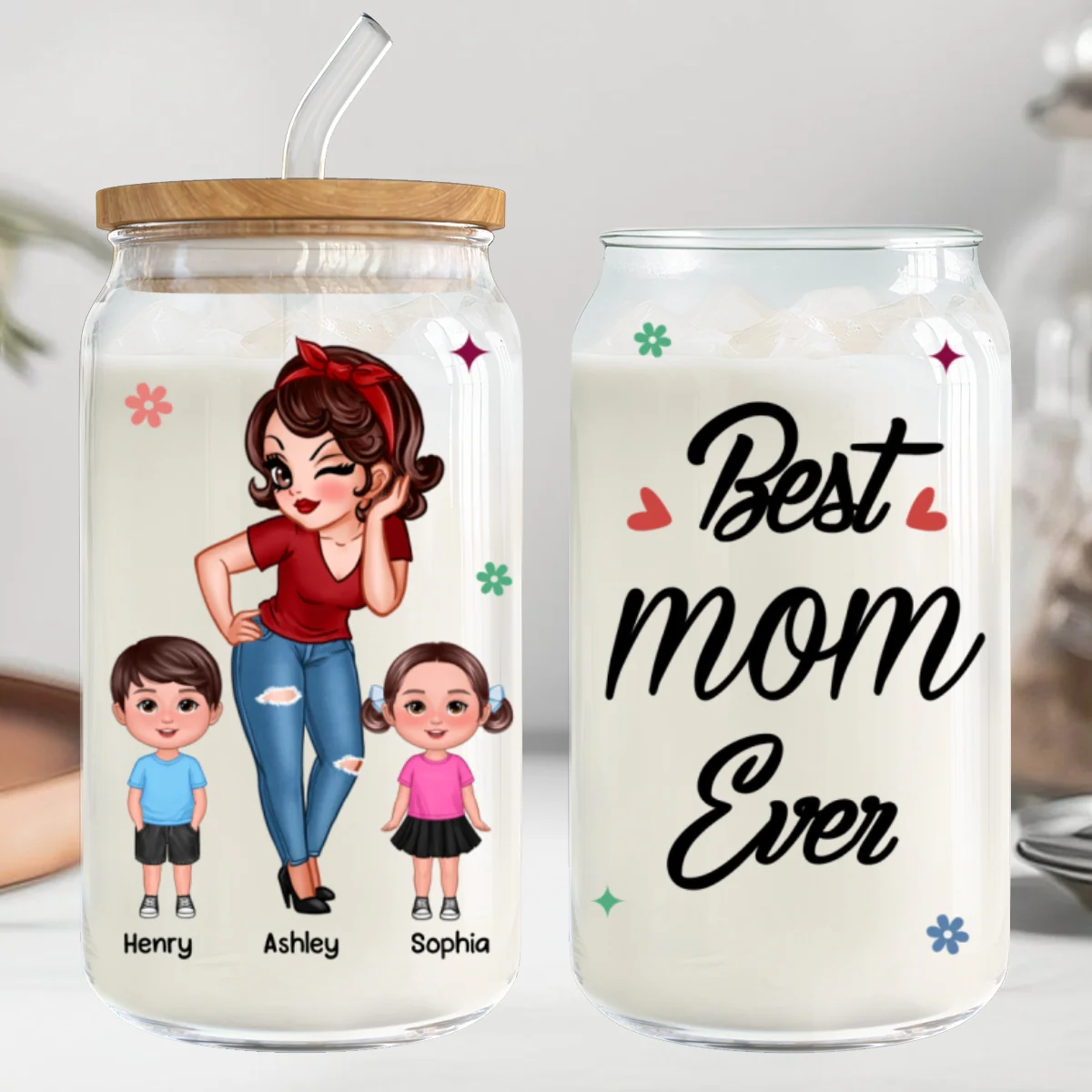 Best Mom Grandma Ever Pretty Woman & Kids Personalized Clear Glass Can - Image 8