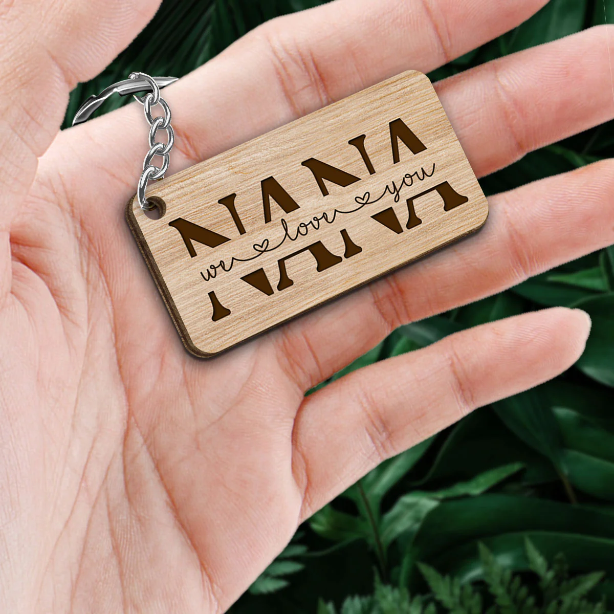 Best Nana Ever Back View Woman Kids Dog Cat Personalized Wooden Keychain - Image 2