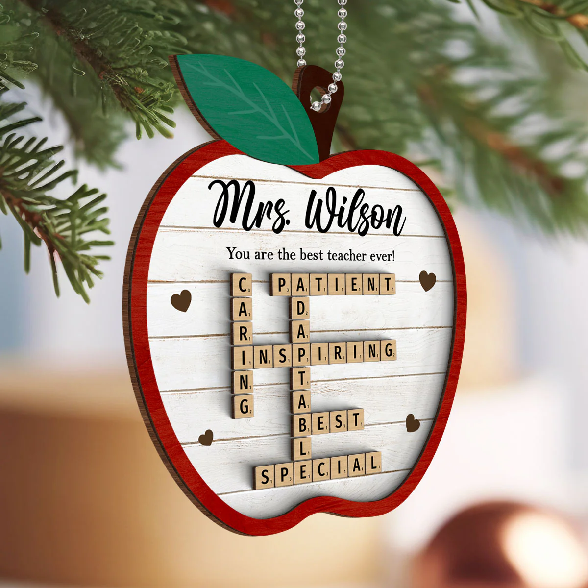 Best Teacher Ever Appreciation Crossword Puzzle Art Personalized 2-Layer Wooden Ornament, Christmas Gift For Teacher - Image 3
