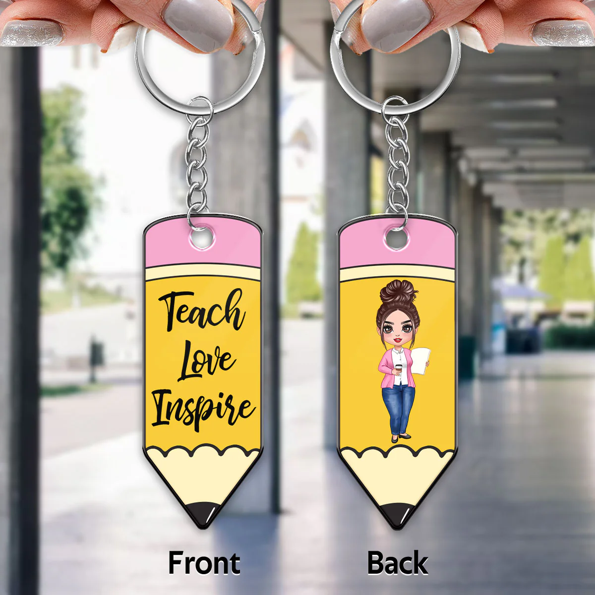 Best Teacher Ever Doll Teacher Personalized Crayon Shaped Acrylic Keychain - Image 3