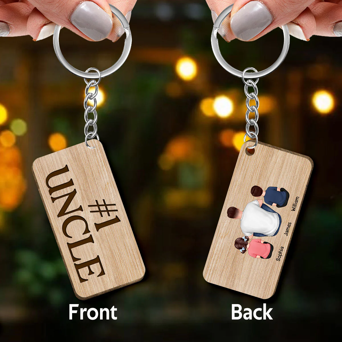 Best Uncle Ever Back View Man Kids Dog Cat Personalized Wooden Keychain - Image 3