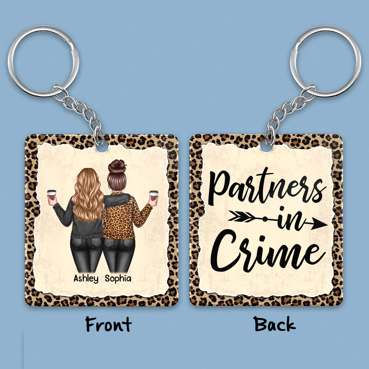 Besties Back View Leopard Partners In Crime Personalized Acrylic Keychain - Image 2