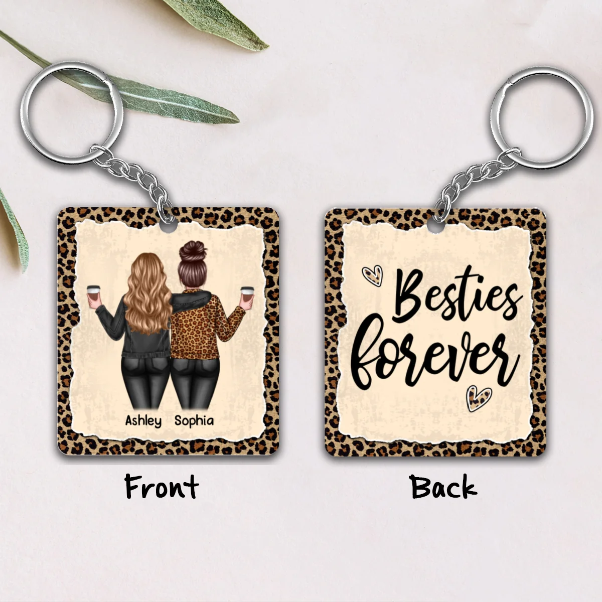 Besties Back View Leopard Partners In Crime Personalized Acrylic Keychain - Image 4