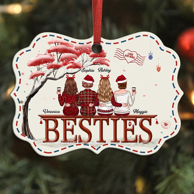 Besties Back View Under Red Tree Envelope Border Personalized Christmas Ornament - Image 2