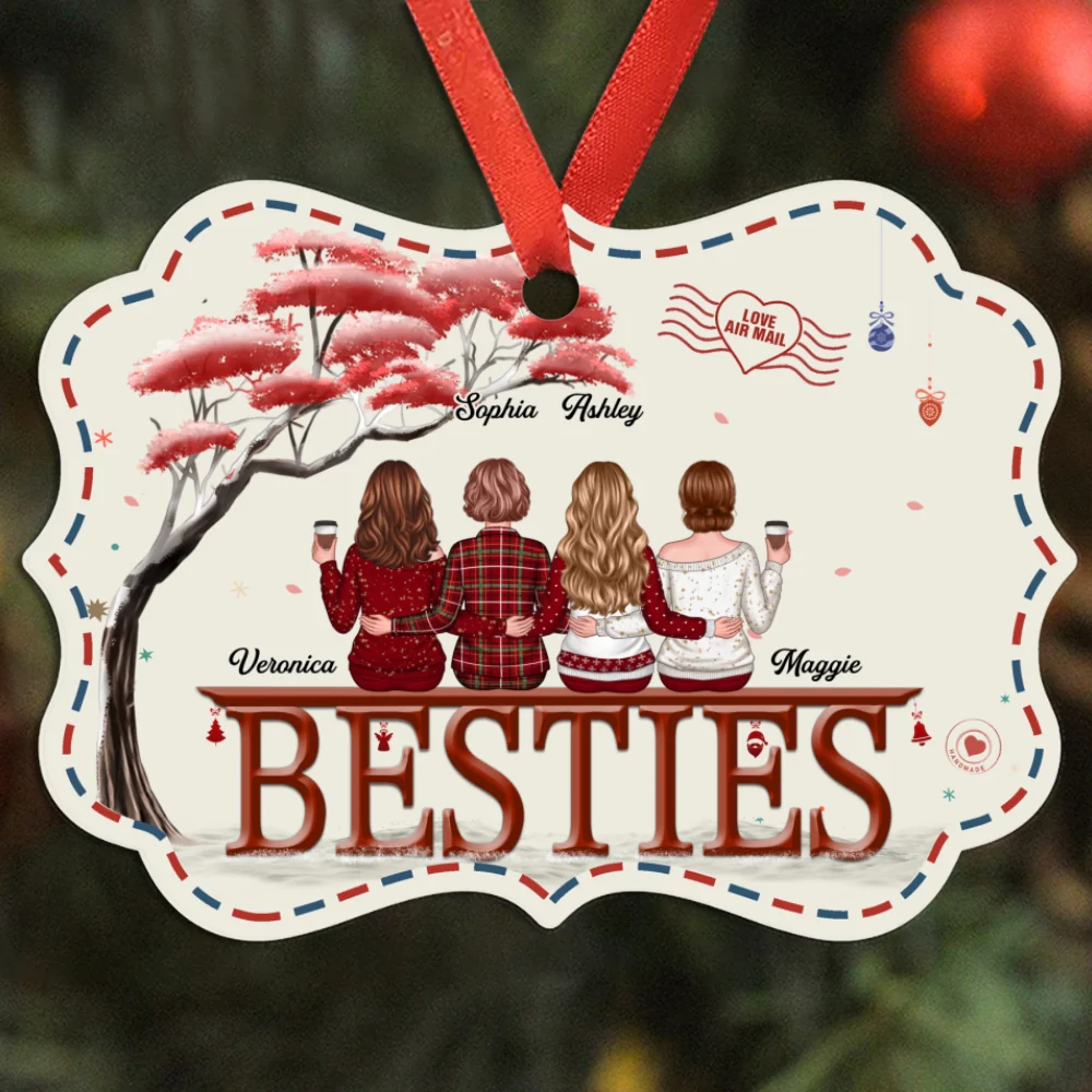 Besties Back View Under Red Tree Envelope Border Personalized Christmas Ornament - Image 4