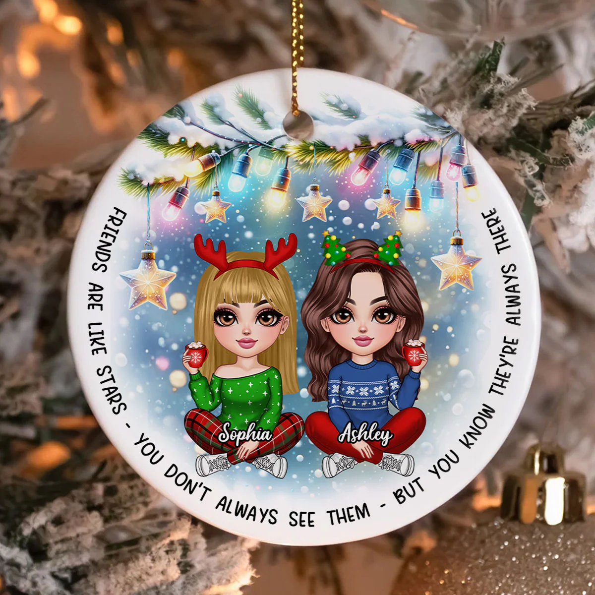 Besties Christmas Tree Light Star Personalized Circle Ceramic Ornament - Image 5