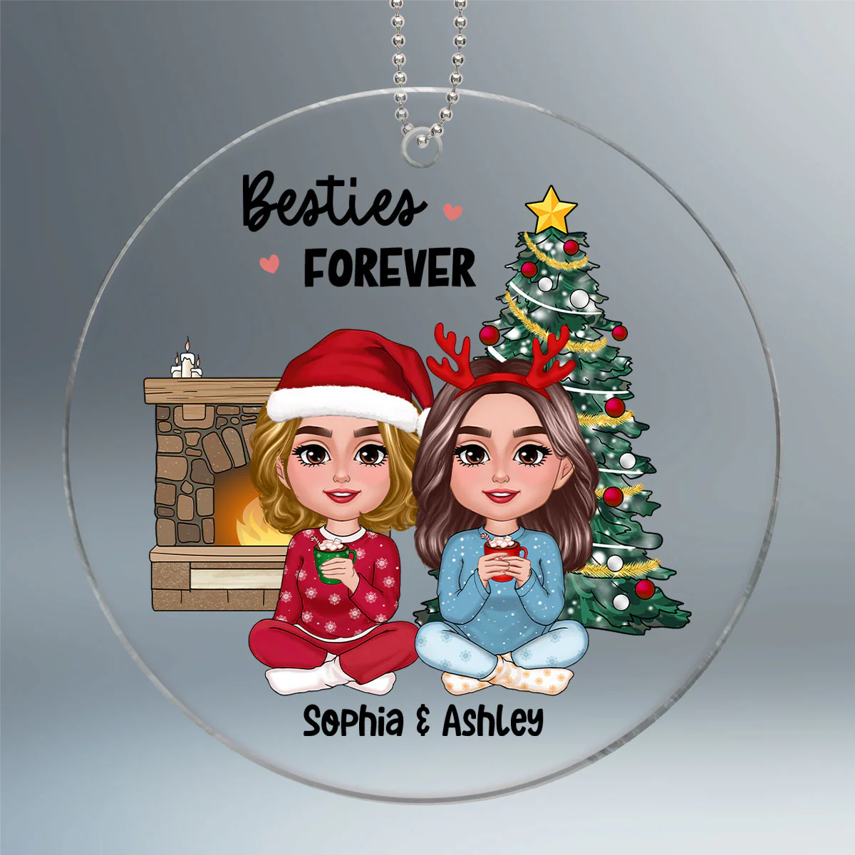 Besties Doll Sitting Together Christmas Tree Fireplace Personalized Acrylic Ornament - Image 2