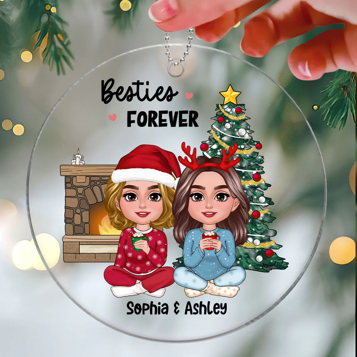 Besties Doll Sitting Together Christmas Tree Fireplace Personalized Acrylic Ornament - Image 3