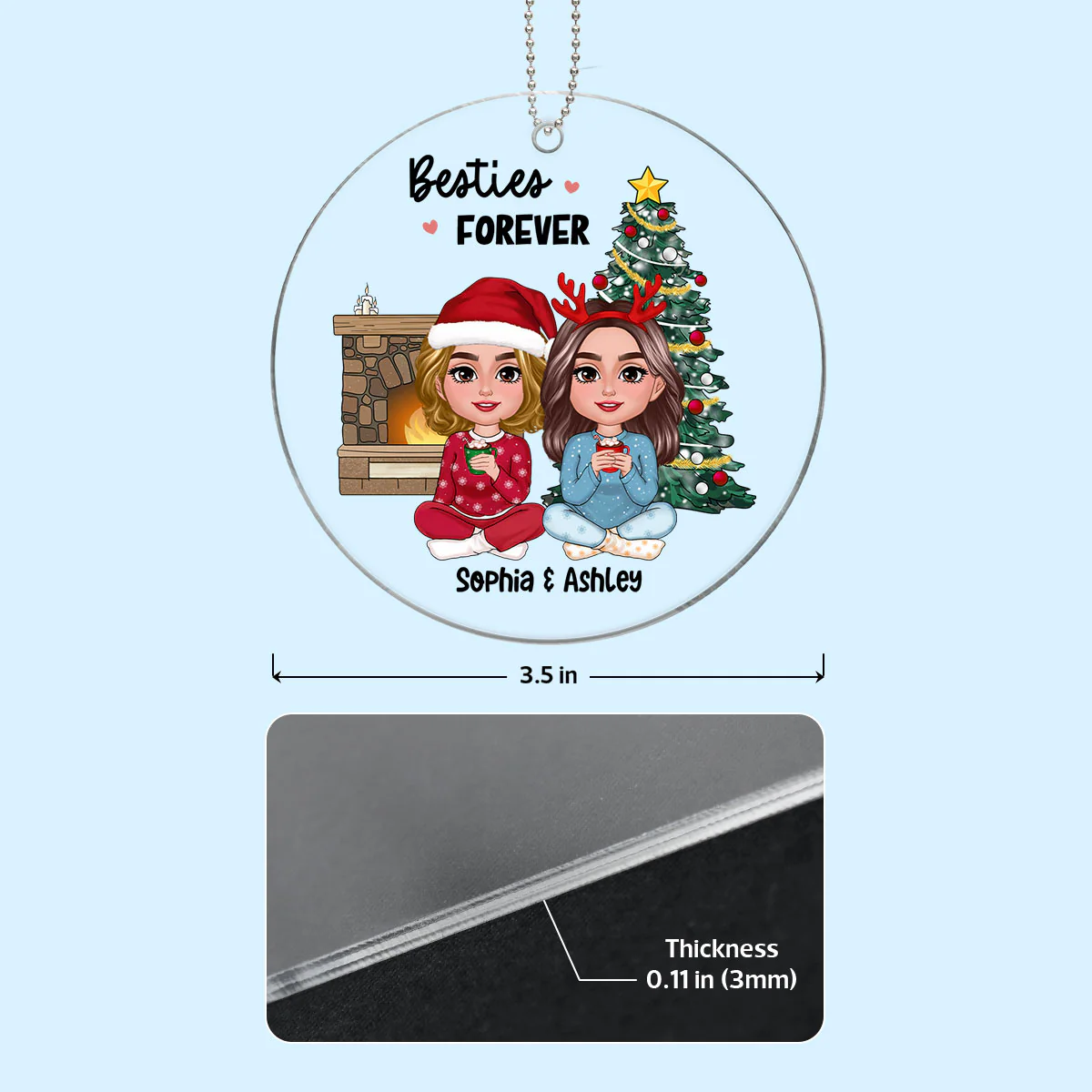 Besties Doll Sitting Together Christmas Tree Fireplace Personalized Acrylic Ornament - Image 4