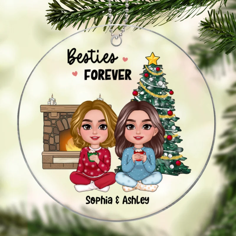 Besties Doll Sitting Together Christmas Tree Fireplace Personalized Acrylic Ornament - Image 5