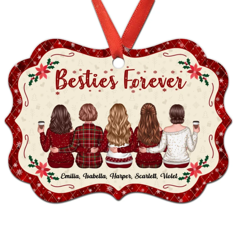 Besties Forever Back View Christmas Vibe Red Border Personalized Christmas Ornament - Image 4