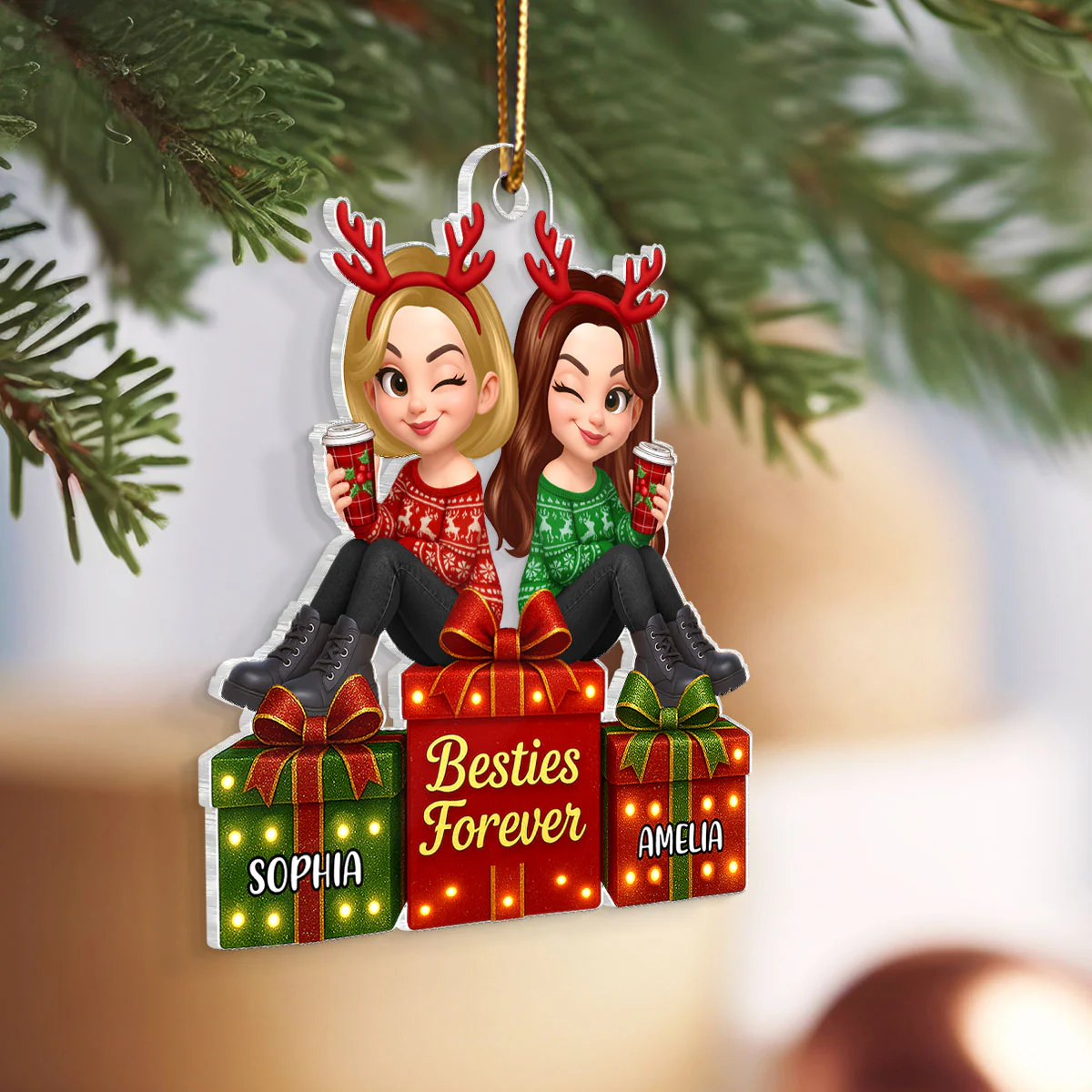 Besties Forever Beautiful Marquee Pattern Effect Gift Box Christmas - Personalized Acrylic Ornament - Image 3